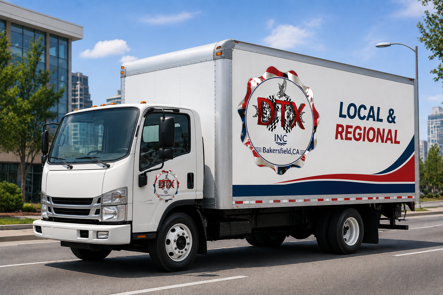 Local delivery box truck on a city street